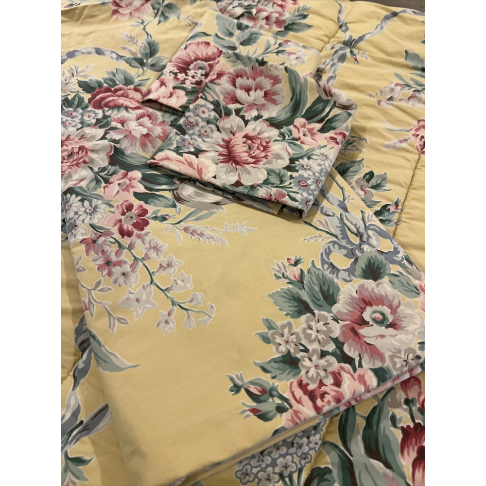 Ralph Lauren Evelyn Yellow Floral Queen Comforter & Flat Sheet USA Rare Vintage